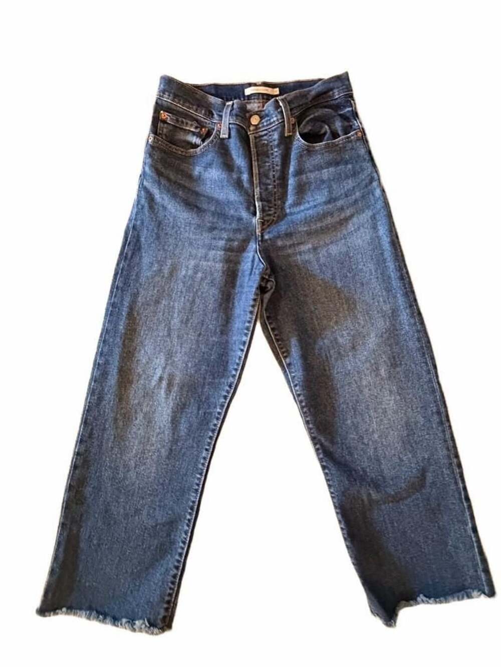 Levi's Ribcage Straight Jeans Size 30 Raw Hem Dark Wash
